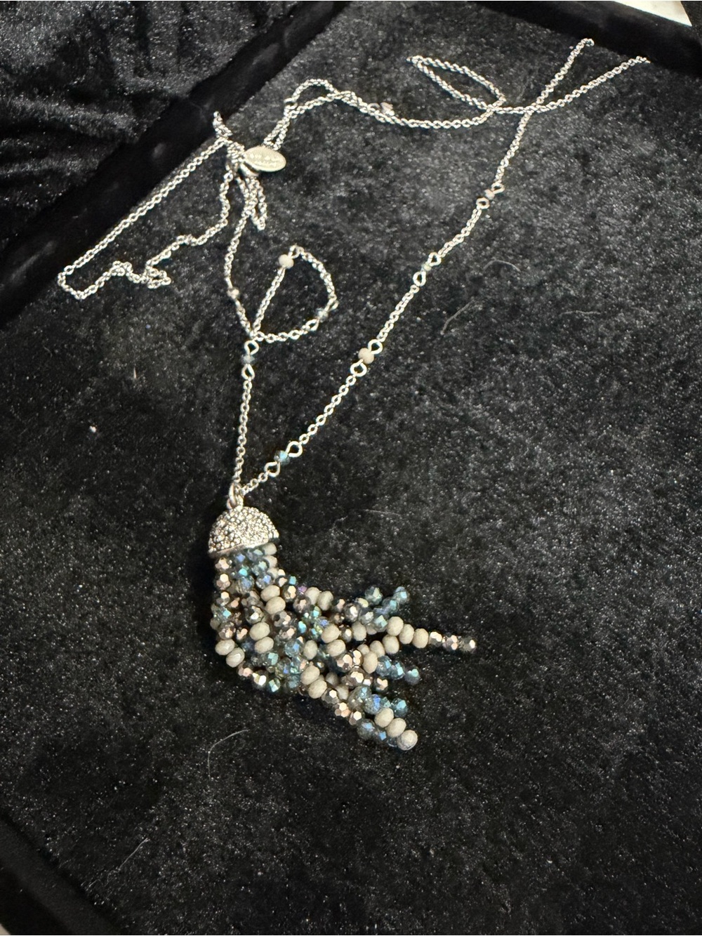 Ann Taylor Factory Silver Tassel Necklace with Blue and Gray Beads